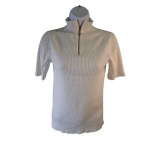 Anne Klein Women Short Sleeve Sweater S White Ribbed Half-Zip Preppy Cabincore